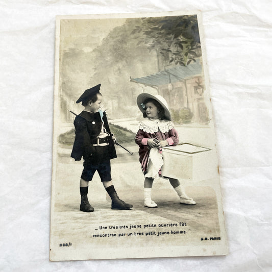 1900s - Antique French Hand-Colored Postcard - Two Charming Children - Young Girl Worker - Boy Sailor Costume - Vintage Photo Ephemera