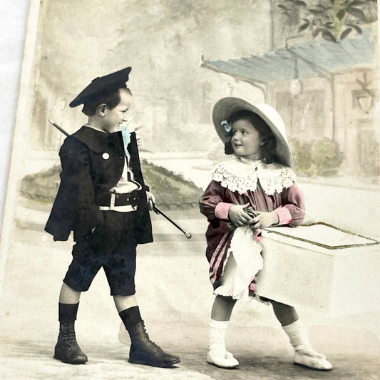 1900s - Antique French Hand-Colored Postcard - Two Charming Children - Young Girl Worker - Boy Sailor Costume - Vintage Photo Ephemera