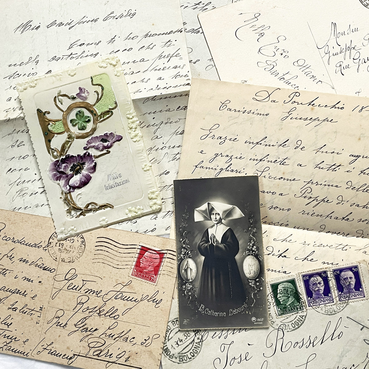 1910s - Antique Italian Ephemera Collection - Handwritten Letters - Vintage Postcards - Old Stamps - From Italy and France