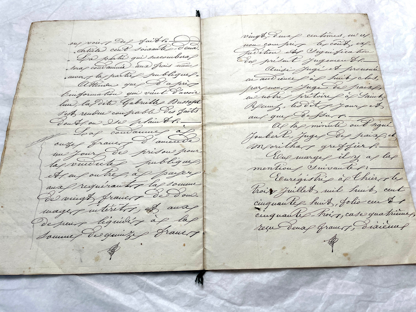 Mid 19th Century French notarial act, 1858, with elegant script and Imperial stamp featuring Justice figure.