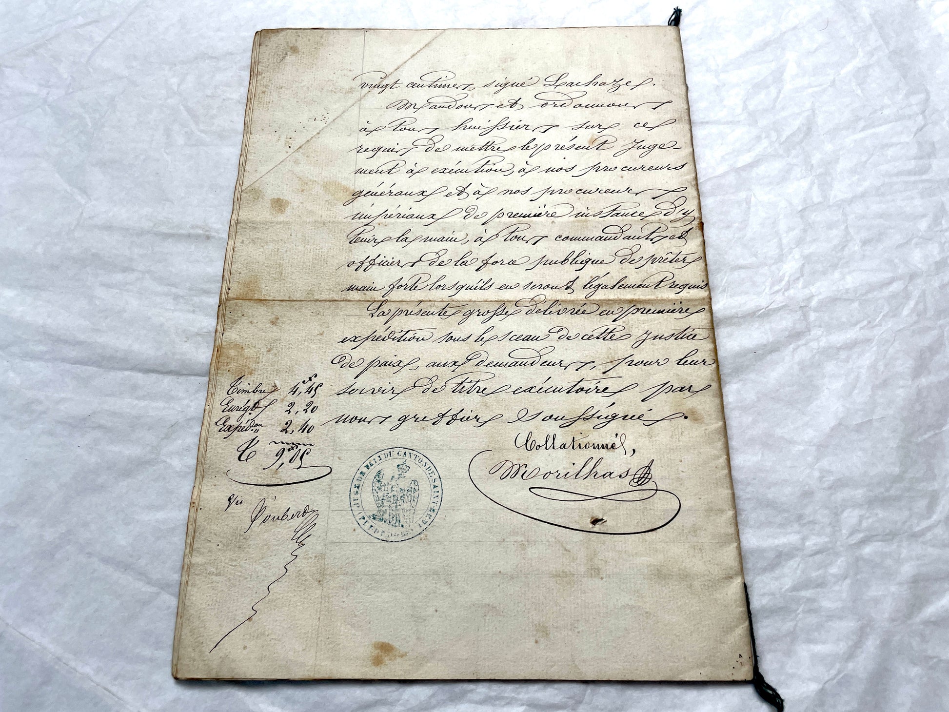 Mid 19th Century French notarial act, 1858, with elegant script and Imperial stamp featuring Justice figure.