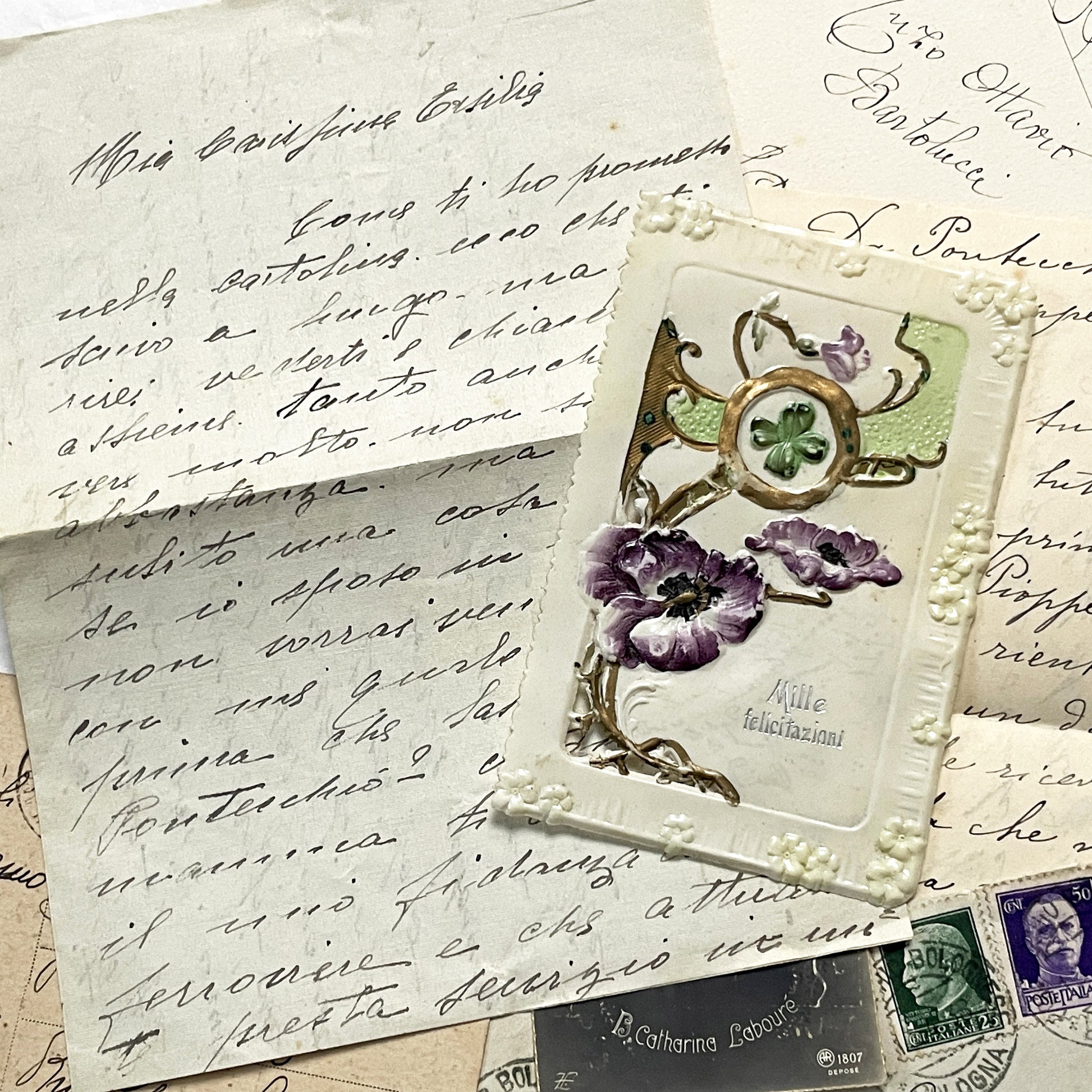1910s - Antique Italian Ephemera Collection - Handwritten Letters - Vintage Postcards - Old Stamps - From Italy and France