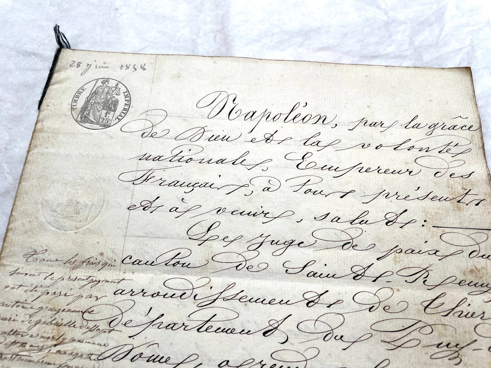 Mid 19th Century French notarial act, 1858, with elegant script and Imperial stamp featuring Justice figure.