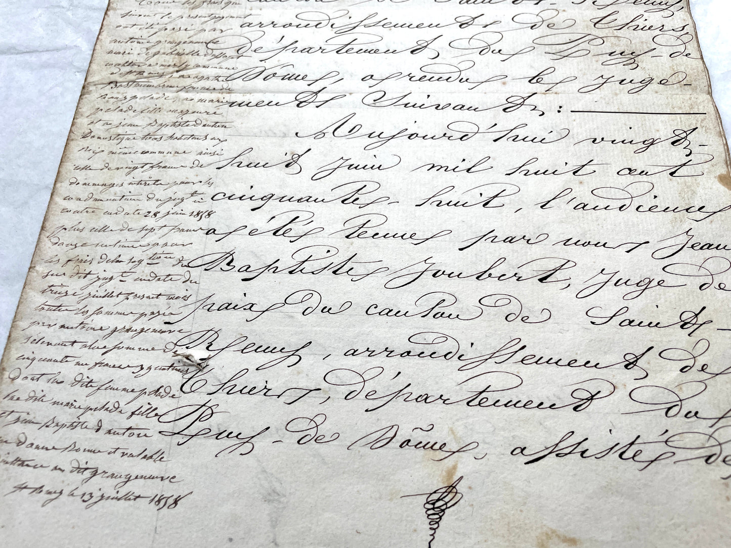 Mid 19th Century French notarial act, 1858, with elegant script and Imperial stamp featuring Justice figure.