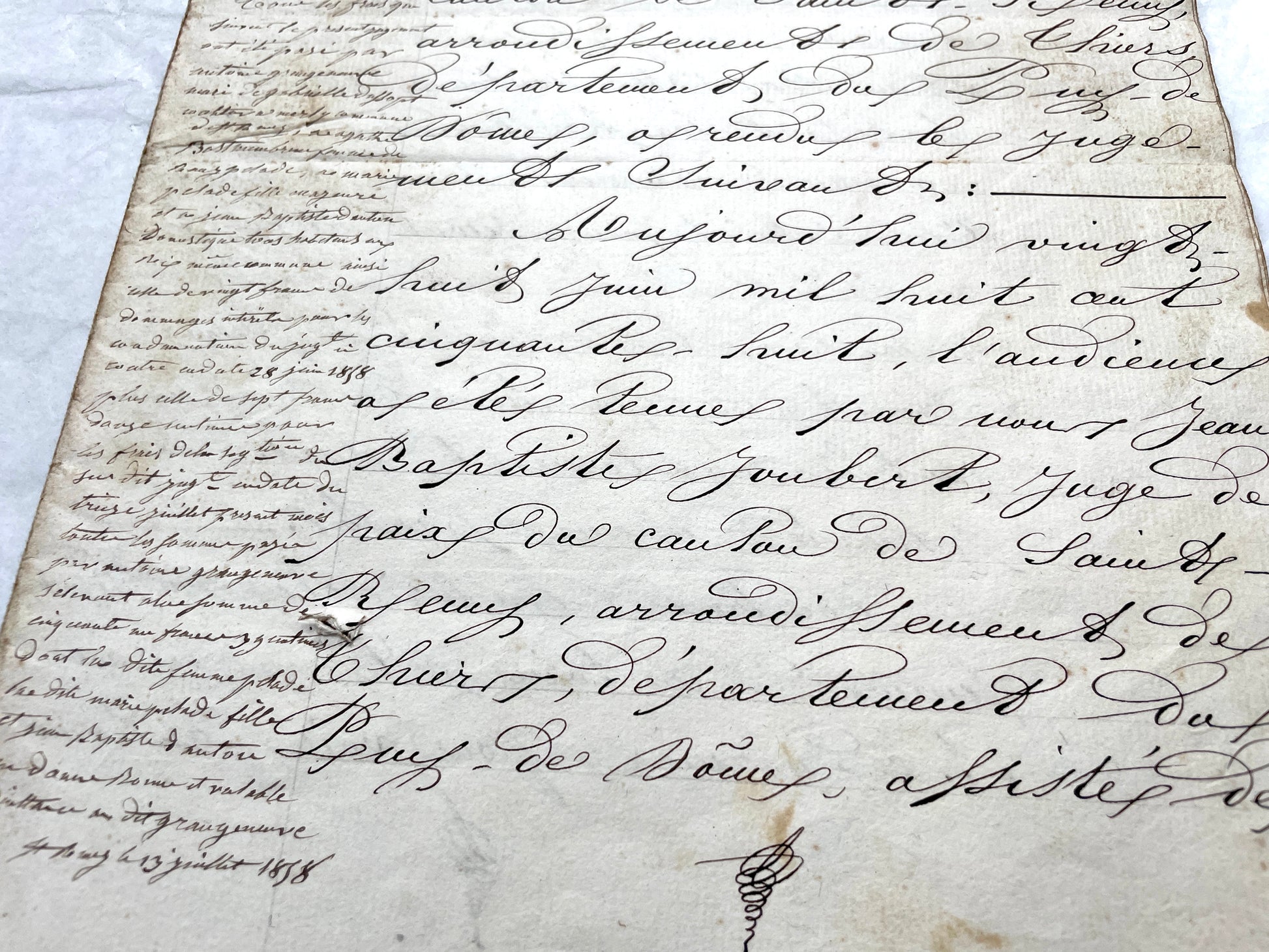 Mid 19th Century French notarial act, 1858, with elegant script and Imperial stamp featuring Justice figure.