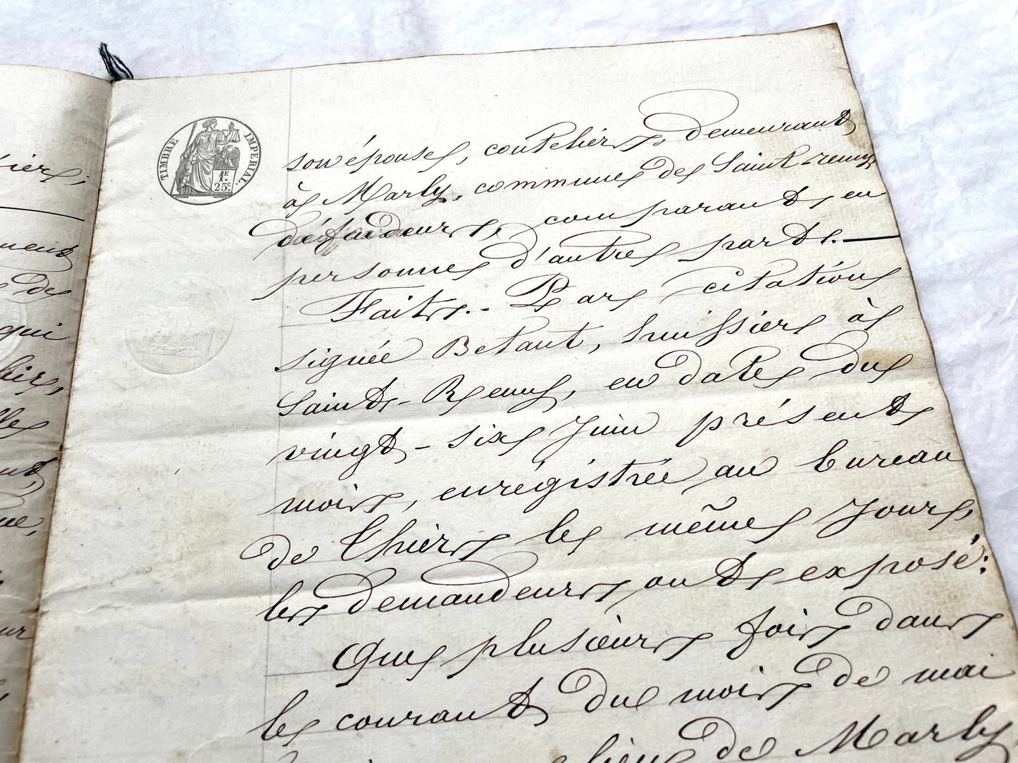 Mid 19th Century French notarial act, 1858, with elegant script and Imperial stamp featuring Justice figure.