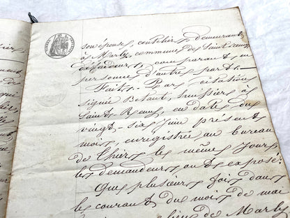 Mid 19th Century French notarial act, 1858, with elegant script and Imperial stamp featuring Justice figure.