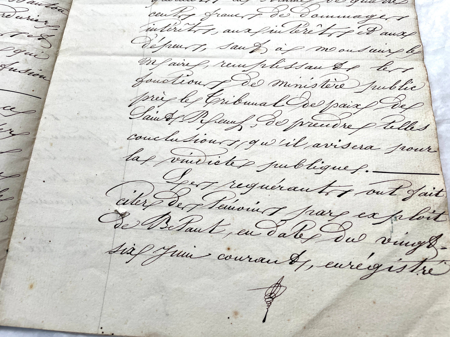 Mid 19th Century French notarial act, 1858, with elegant script and Imperial stamp featuring Justice figure.