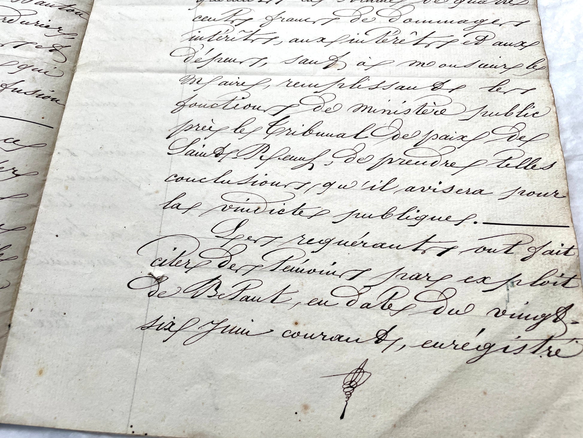 Mid 19th Century French notarial act, 1858, with elegant script and Imperial stamp featuring Justice figure.