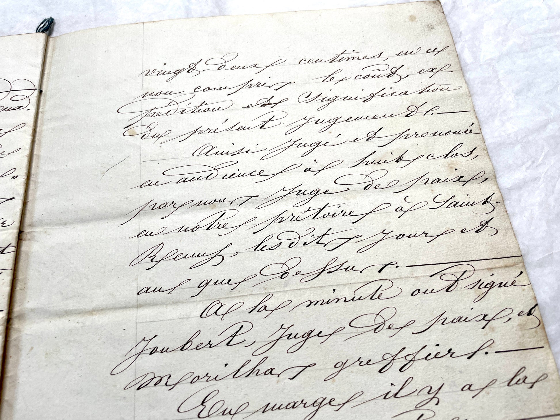 Mid 19th Century French notarial act, 1858, with elegant script and Imperial stamp featuring Justice figure.