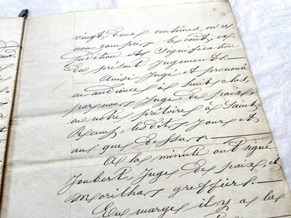 Mid 19th Century French notarial act, 1858, with elegant script and Imperial stamp featuring Justice figure.