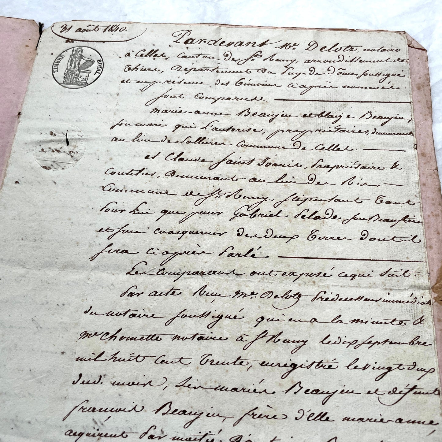 Mid 19th Century French notarial act - handwritten legal document with Royal stamp