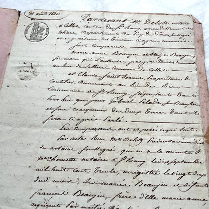 Mid 19th Century French notarial act - handwritten legal document with Royal stamp