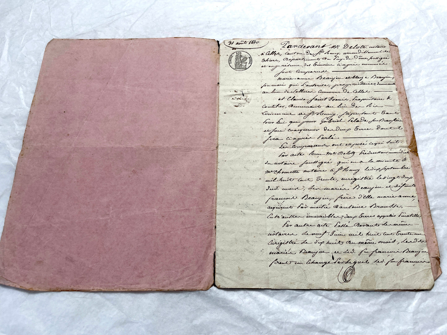 Mid 19th Century French notarial act - handwritten legal document with Royal stamp