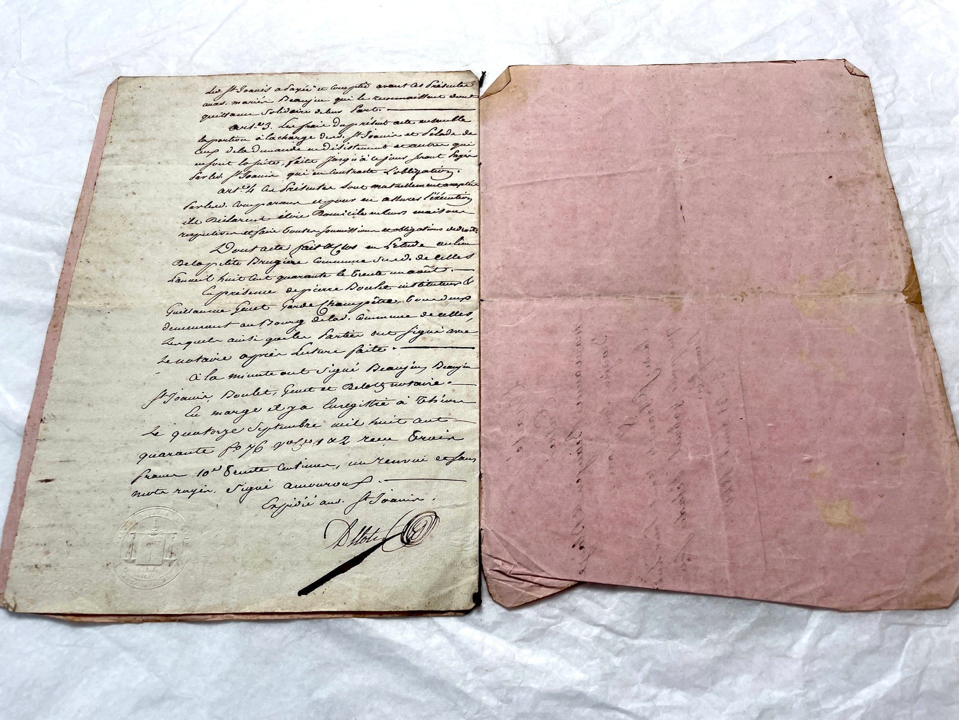 Mid 19th Century French notarial act - handwritten legal document with Royal stamp