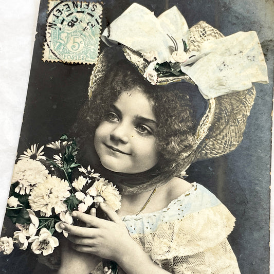 1900s - Vintage French Child Portrait Postcard - Belle Epoque Little Girl Holding Flowers - Hand-Colored Sepia Tone - Antique Collectible