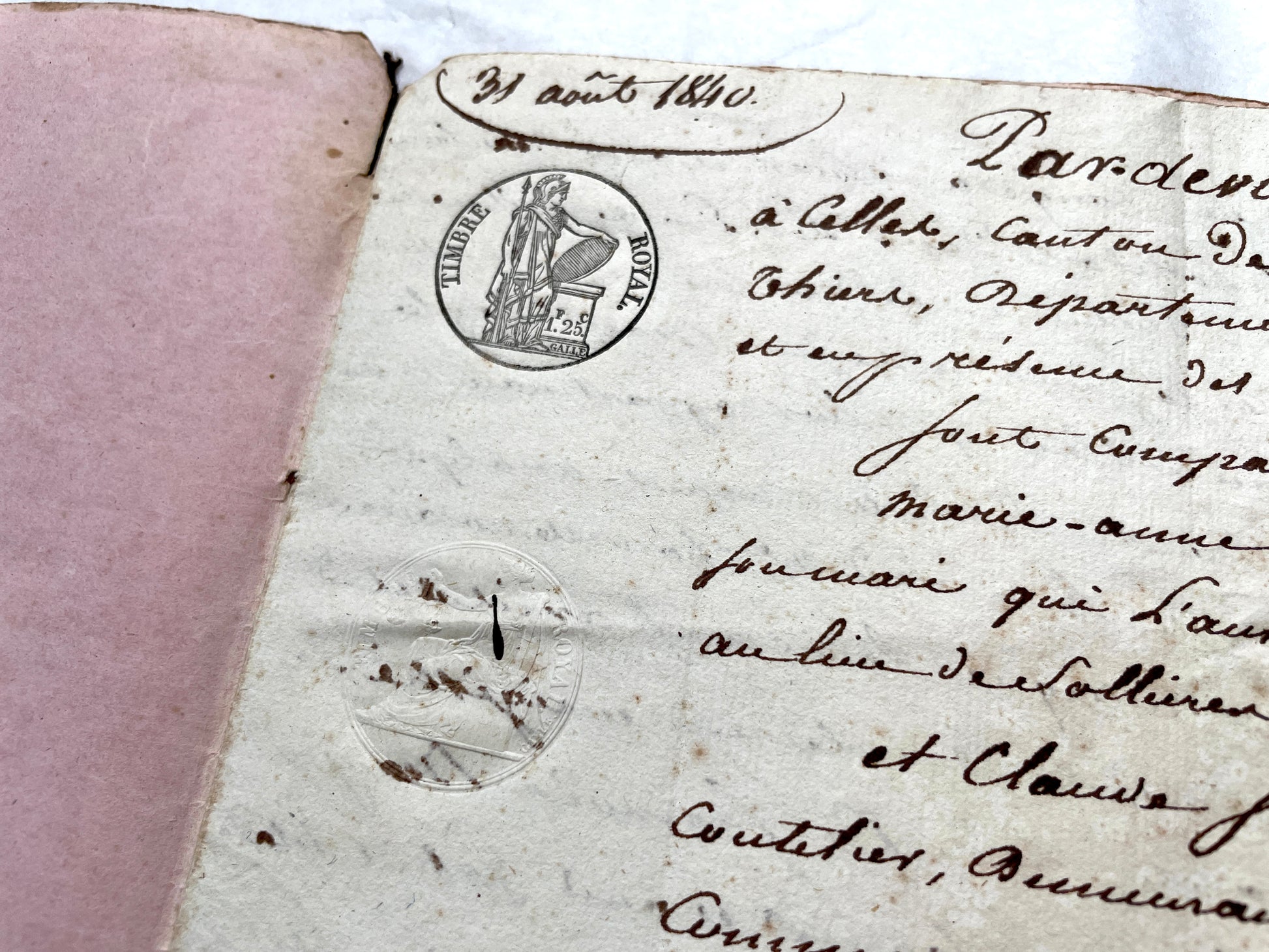 Mid 19th Century French notarial act - handwritten legal document with Royal stamp