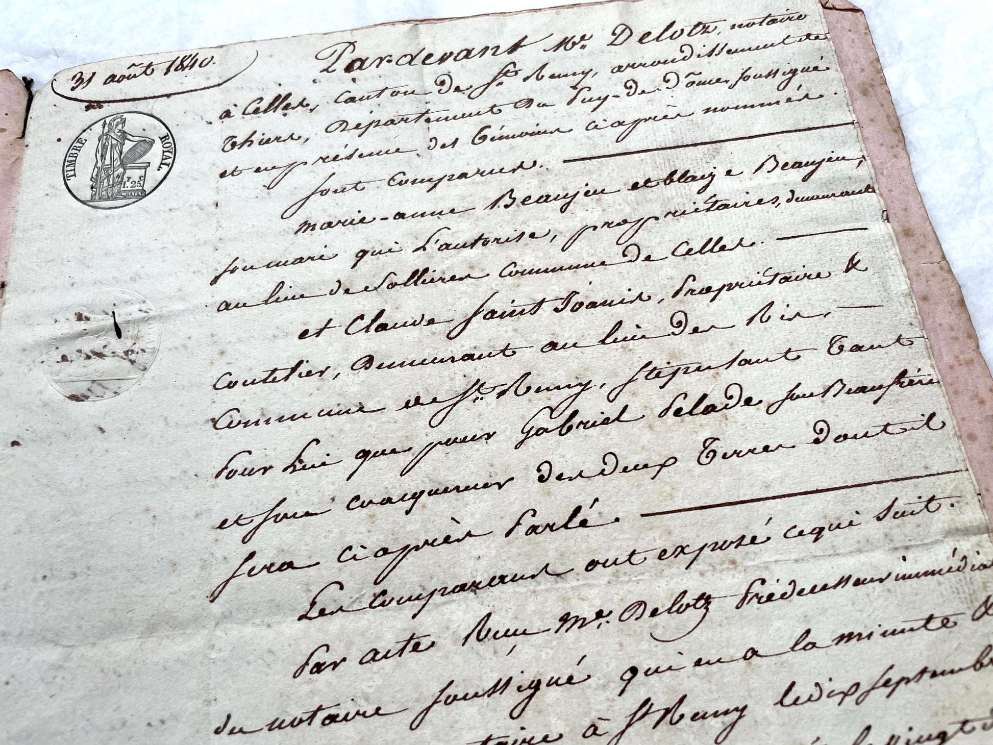 Mid 19th Century French notarial act - handwritten legal document with Royal stamp