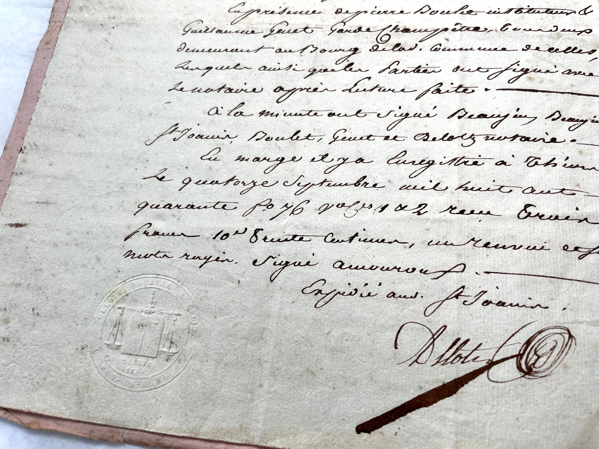 Mid 19th Century French notarial act - handwritten legal document with Royal stamp
