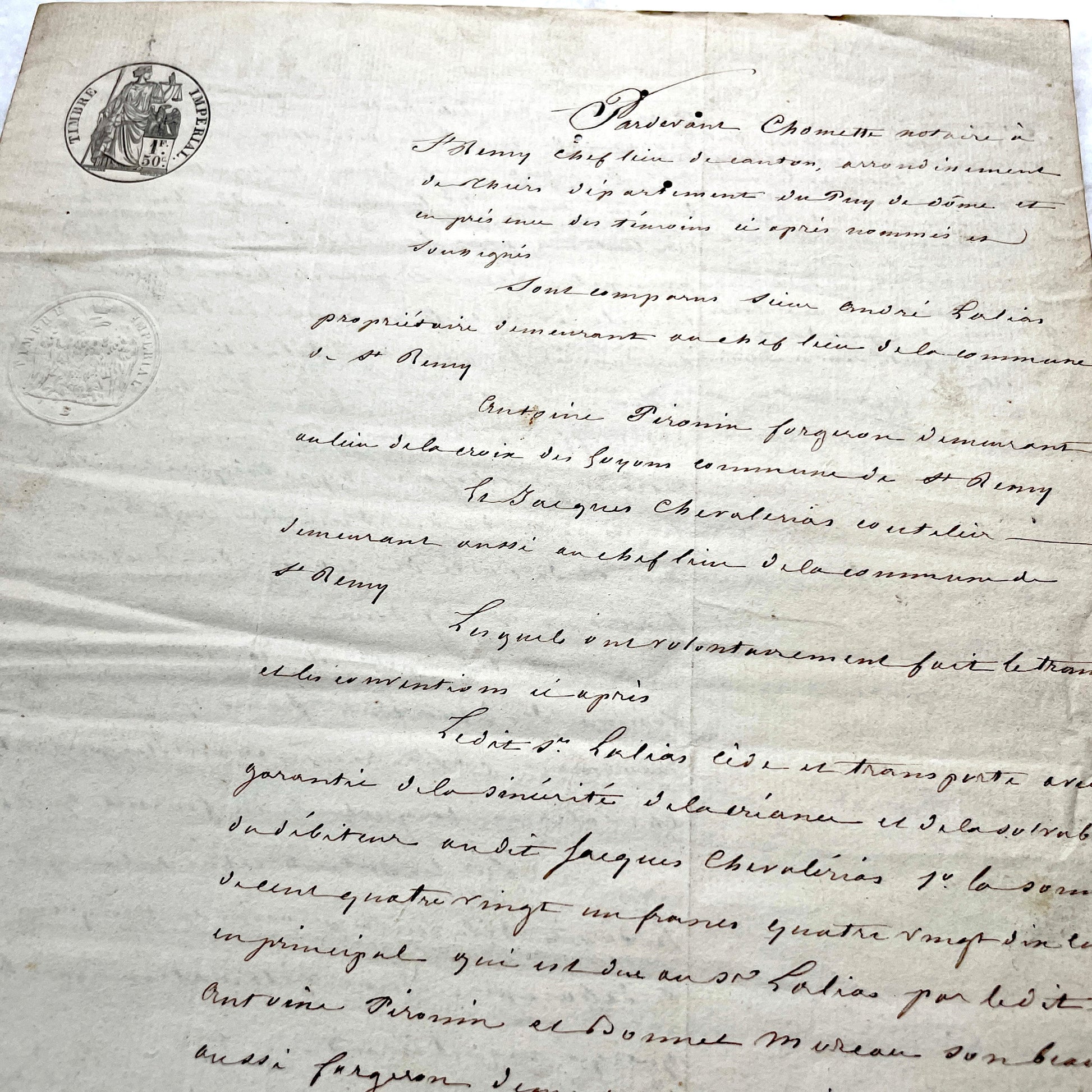 Mid 19th Century French notarial act with clear handwriting and 'Timbre Imperial' official tax stamp.