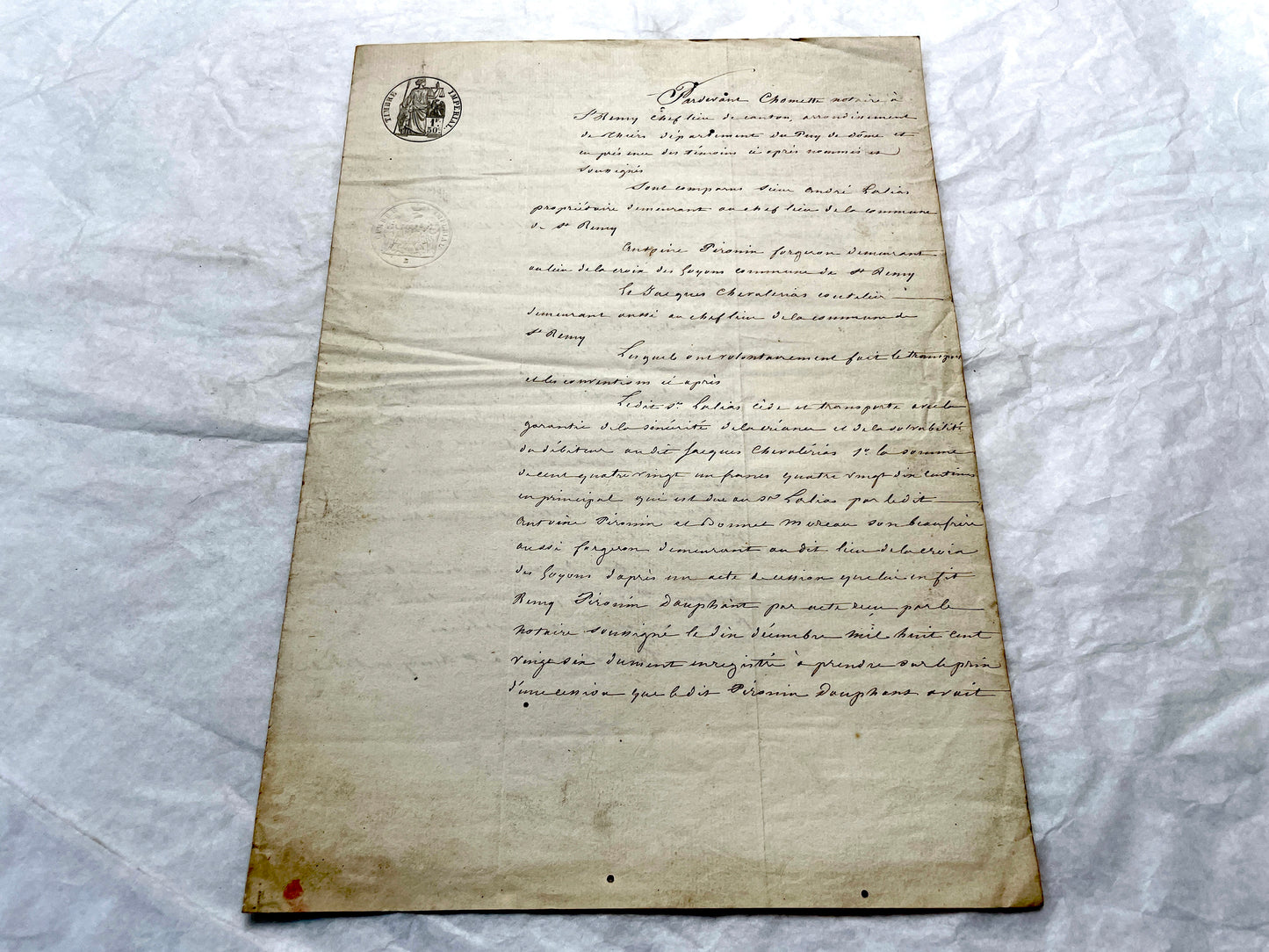 Mid 19th Century French notarial act with clear handwriting and 'Timbre Imperial' official tax stamp.