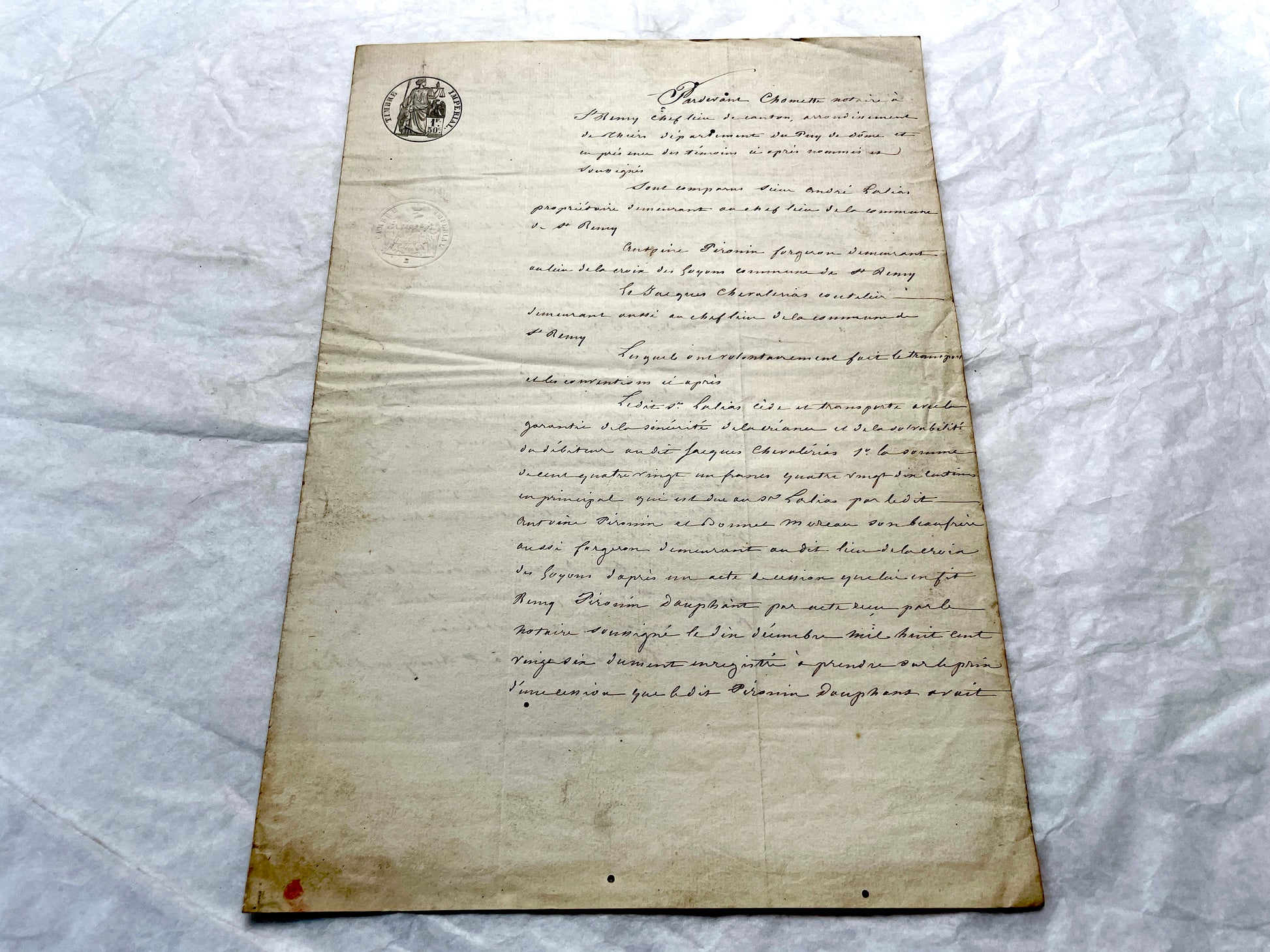 Mid 19th Century French notarial act with clear handwriting and 'Timbre Imperial' official tax stamp.