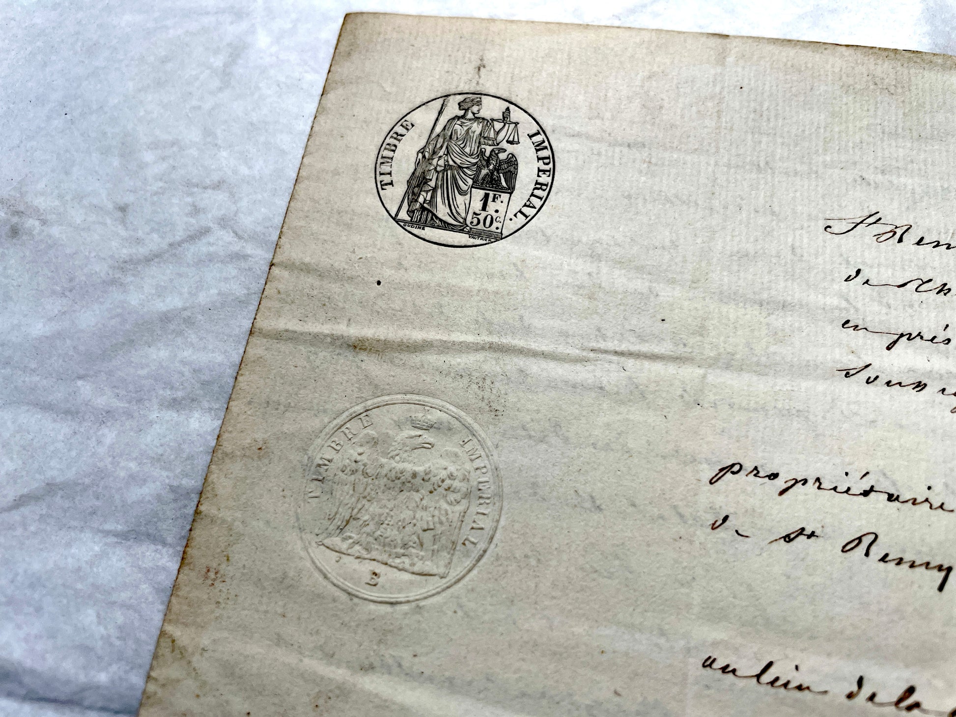 Mid 19th Century French notarial act with clear handwriting and 'Timbre Imperial' official tax stamp.