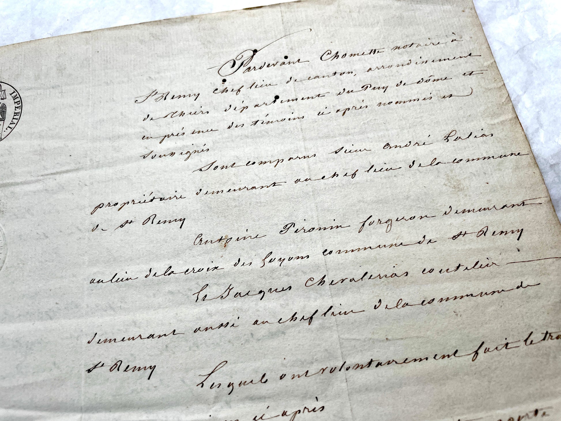 Mid 19th Century French notarial act with clear handwriting and 'Timbre Imperial' official tax stamp.