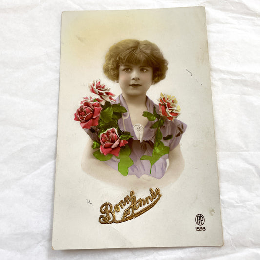 1920s - Vintage French Postcard - Young Woman with Roses - Bonne Année Greeting Card - Hand-Colored Antique Ephemera Collectible