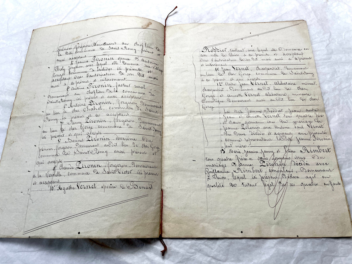 Late 19th Century French Notarial Act - Handwritten legal document with official stamps and elaborate script.