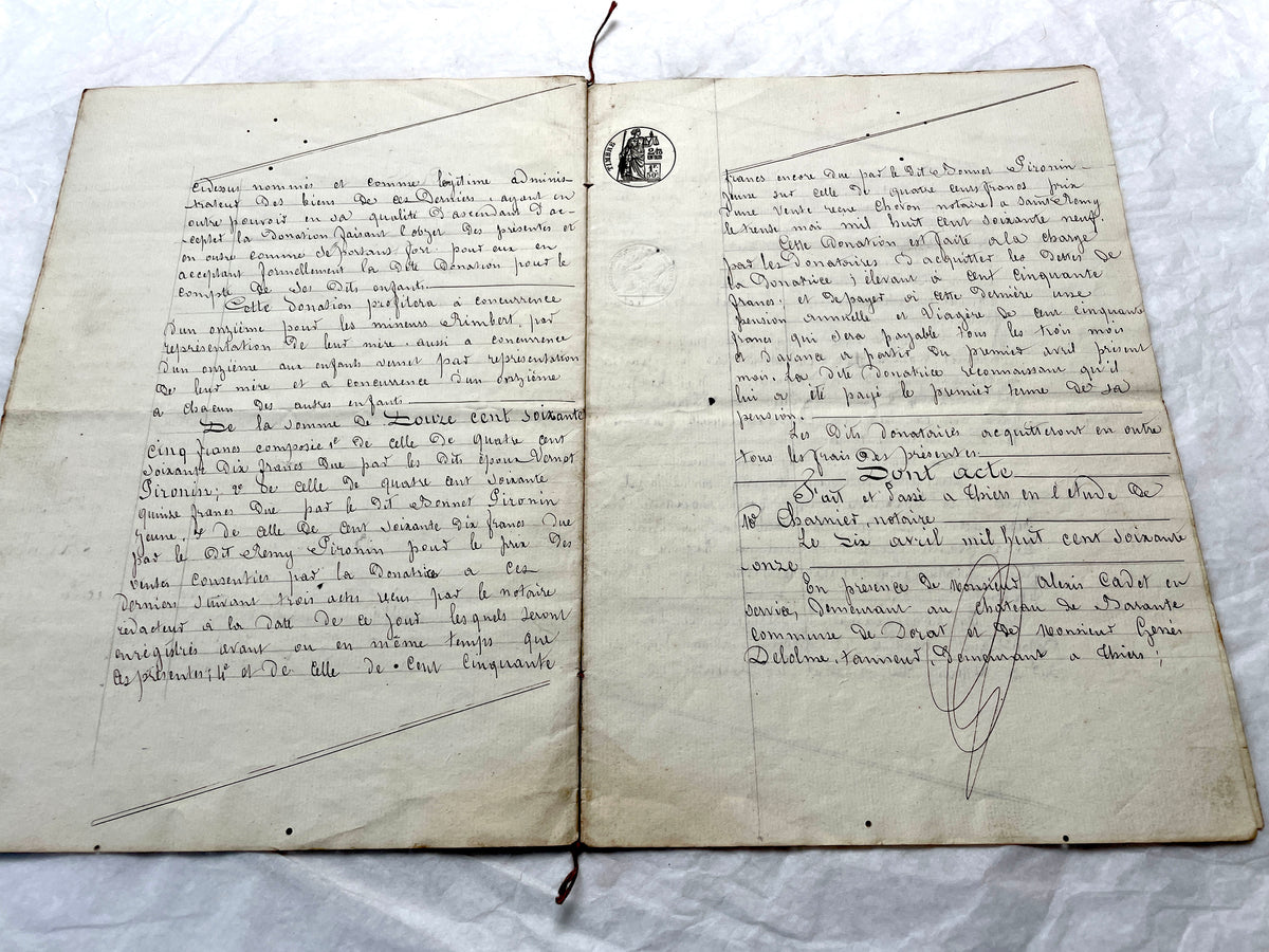 Late 19th Century French Notarial Act - Handwritten legal document with official stamps and elaborate script.