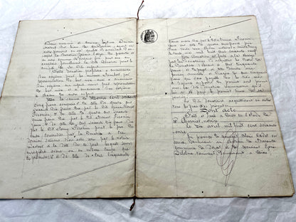 Late 19th Century French Notarial Act - Handwritten legal document with official stamps and elaborate script.