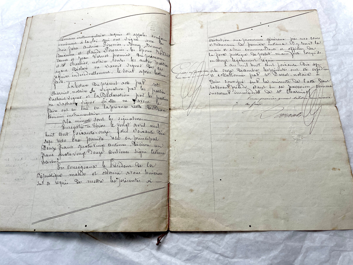 Late 19th Century French Notarial Act - Handwritten legal document with official stamps and elaborate script.