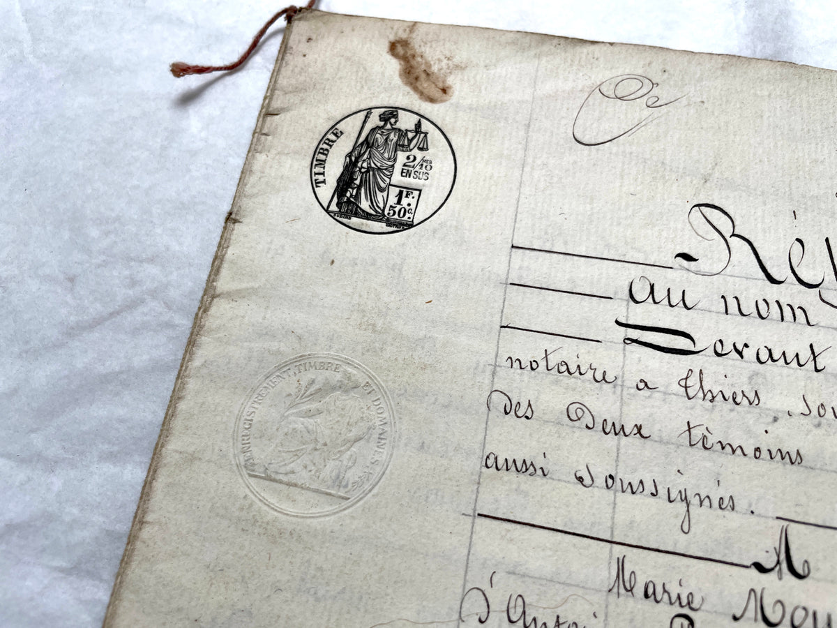 Late 19th Century French Notarial Act - Handwritten legal document with official stamps and elaborate script.