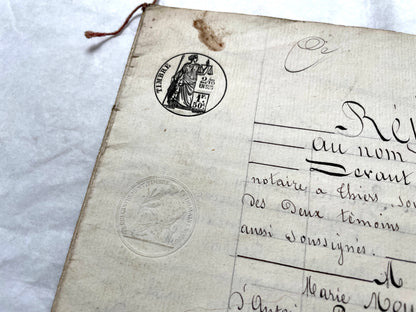 Late 19th Century French Notarial Act - Handwritten legal document with official stamps and elaborate script.