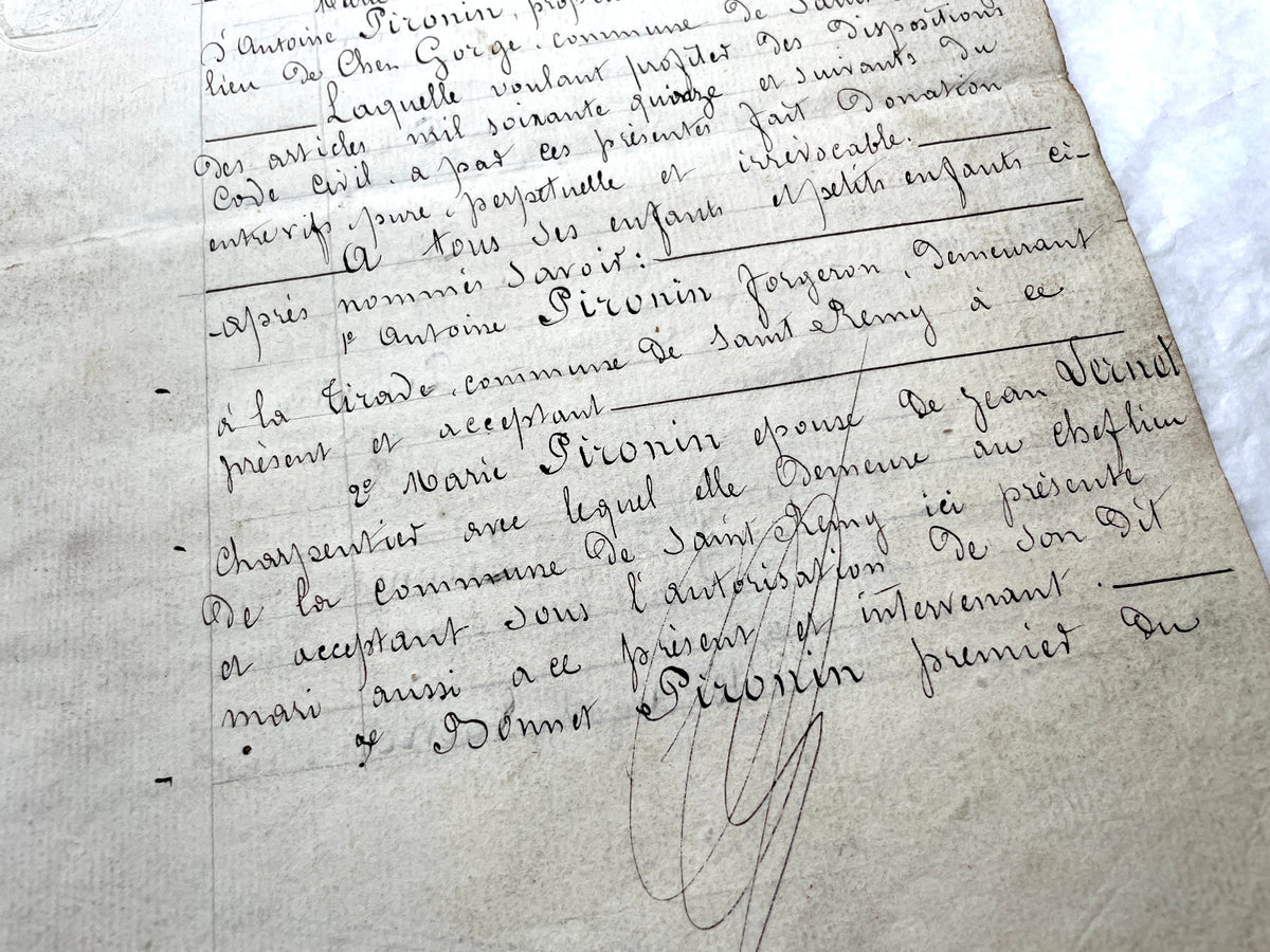 Late 19th Century French Notarial Act - Handwritten legal document with official stamps and elaborate script.