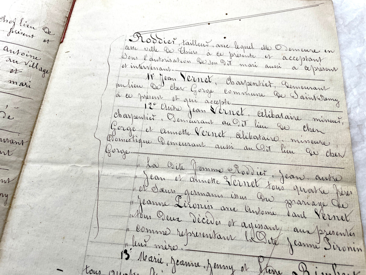Late 19th Century French Notarial Act - Handwritten legal document with official stamps and elaborate script.