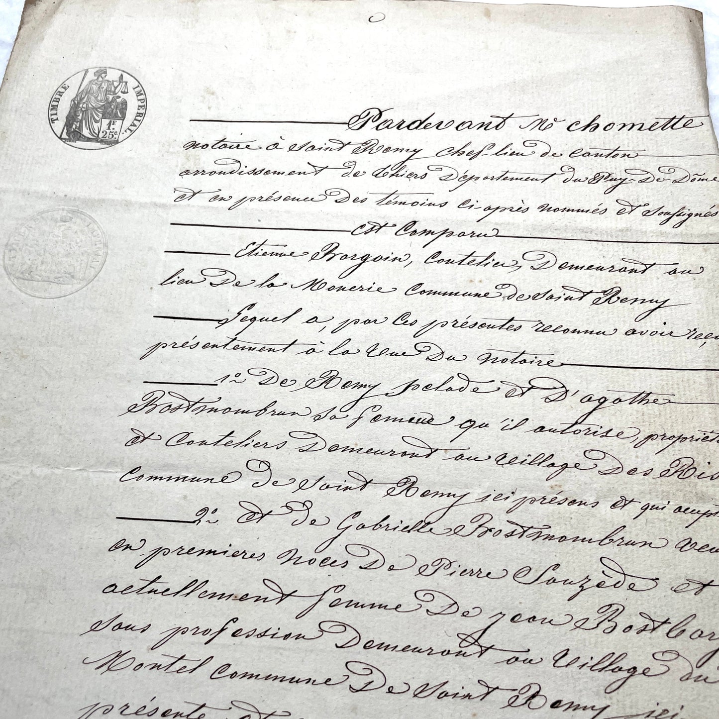 Mid 19th Century French Notarial Act with handwritten script and 'Timbre Imperial' stamp.
