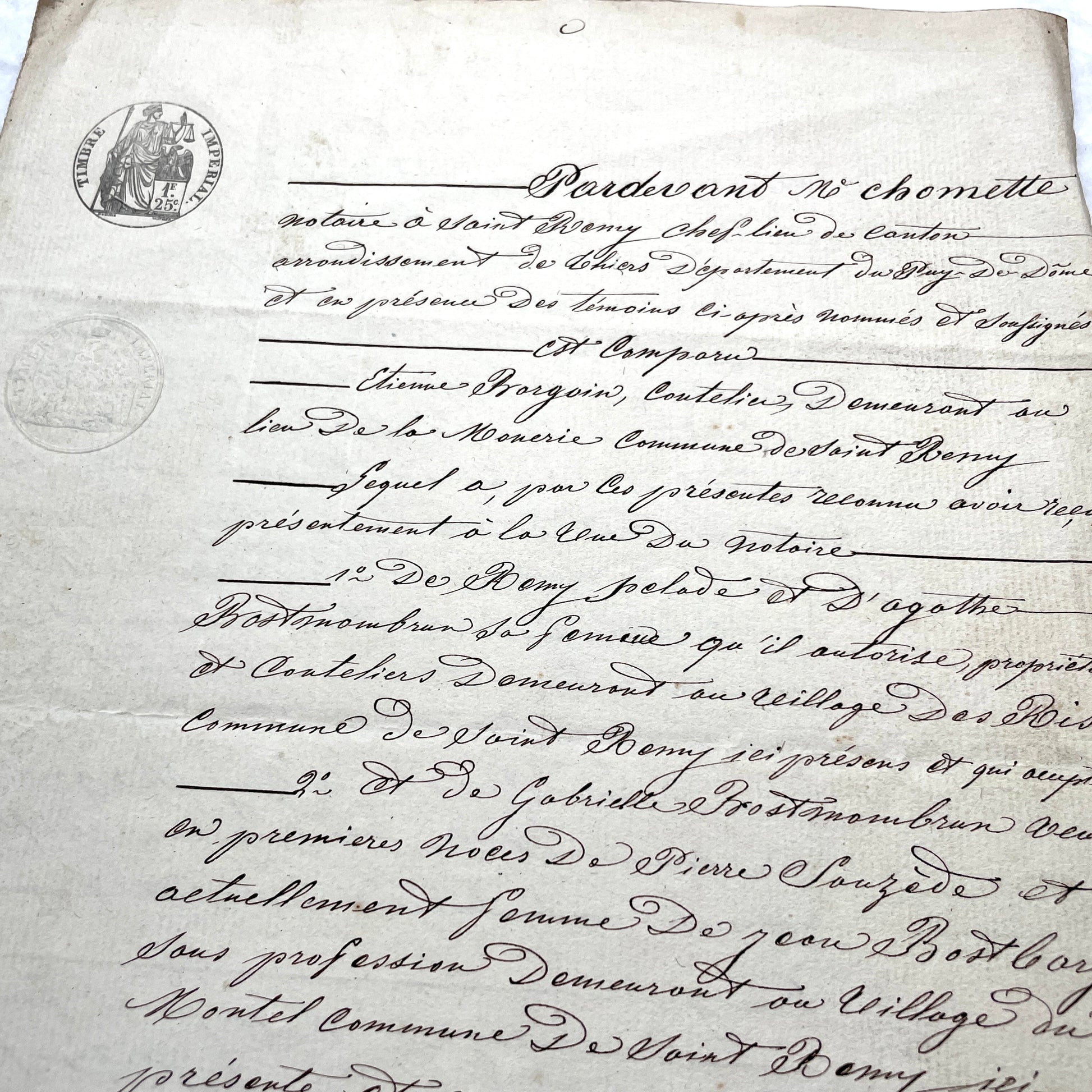Mid 19th Century French Notarial Act with handwritten script and 'Timbre Imperial' stamp.