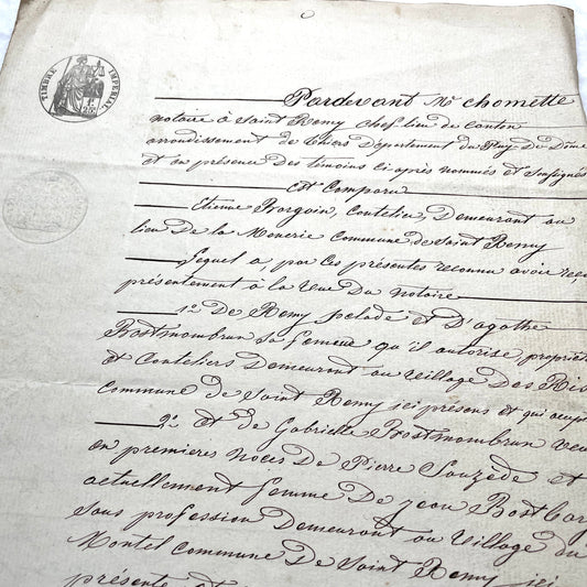Mid 19th Century French Notarial Act with handwritten script and 'Timbre Imperial' stamp.