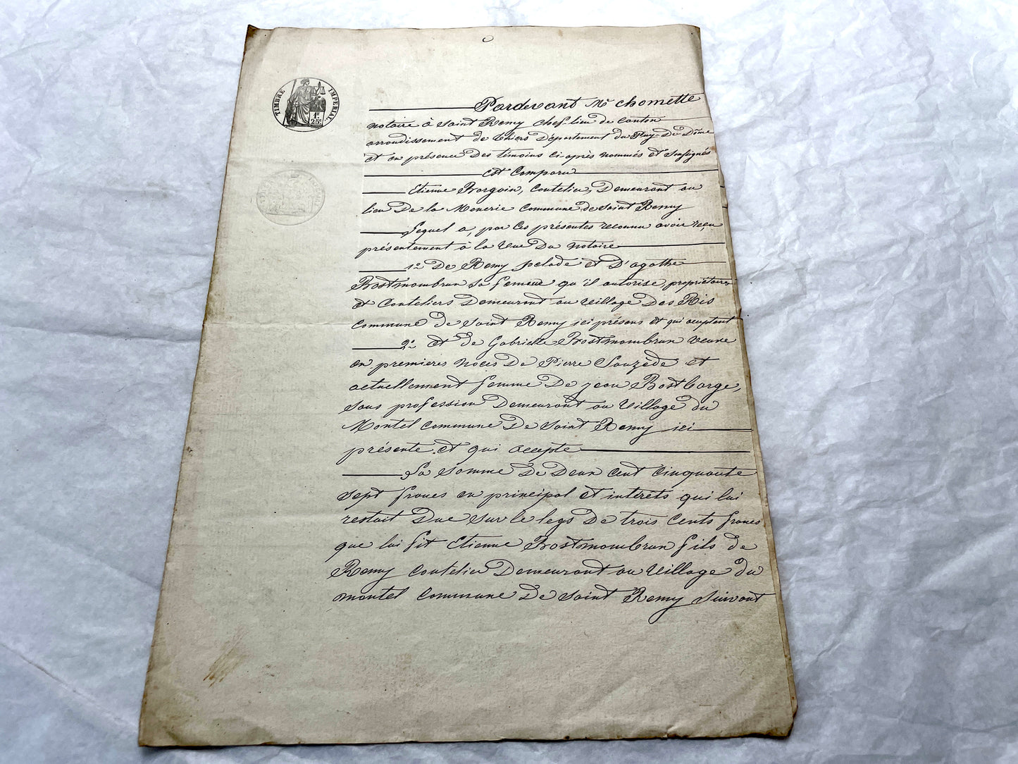 Mid 19th Century French Notarial Act with handwritten script and 'Timbre Imperial' stamp.