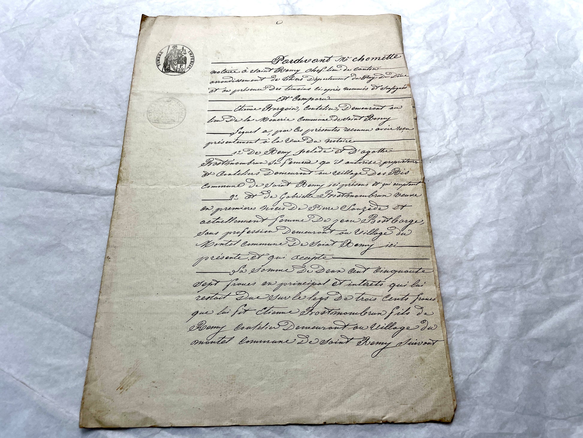 Mid 19th Century French Notarial Act with handwritten script and 'Timbre Imperial' stamp.