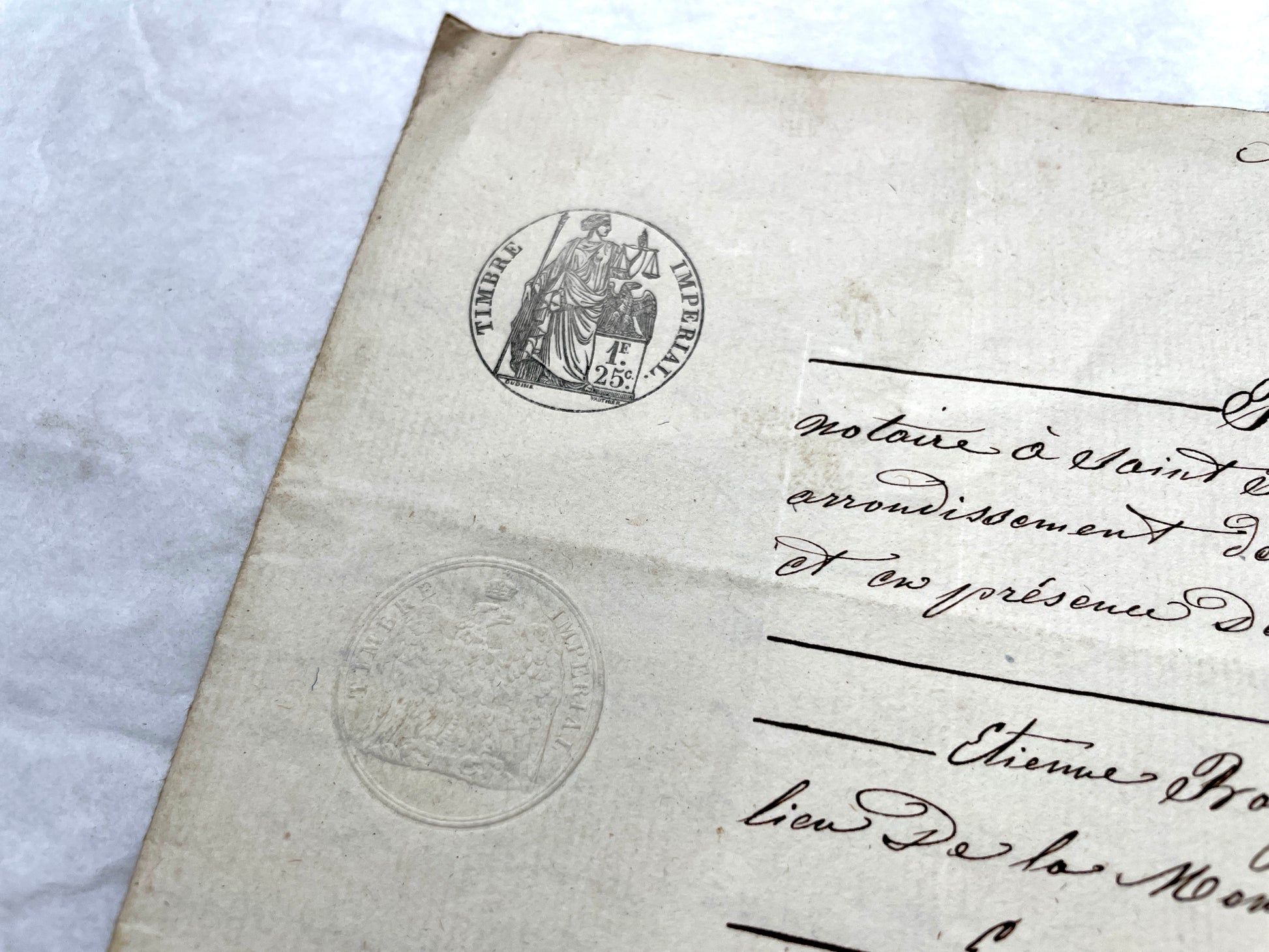 Mid 19th Century French Notarial Act with handwritten script and 'Timbre Imperial' stamp.