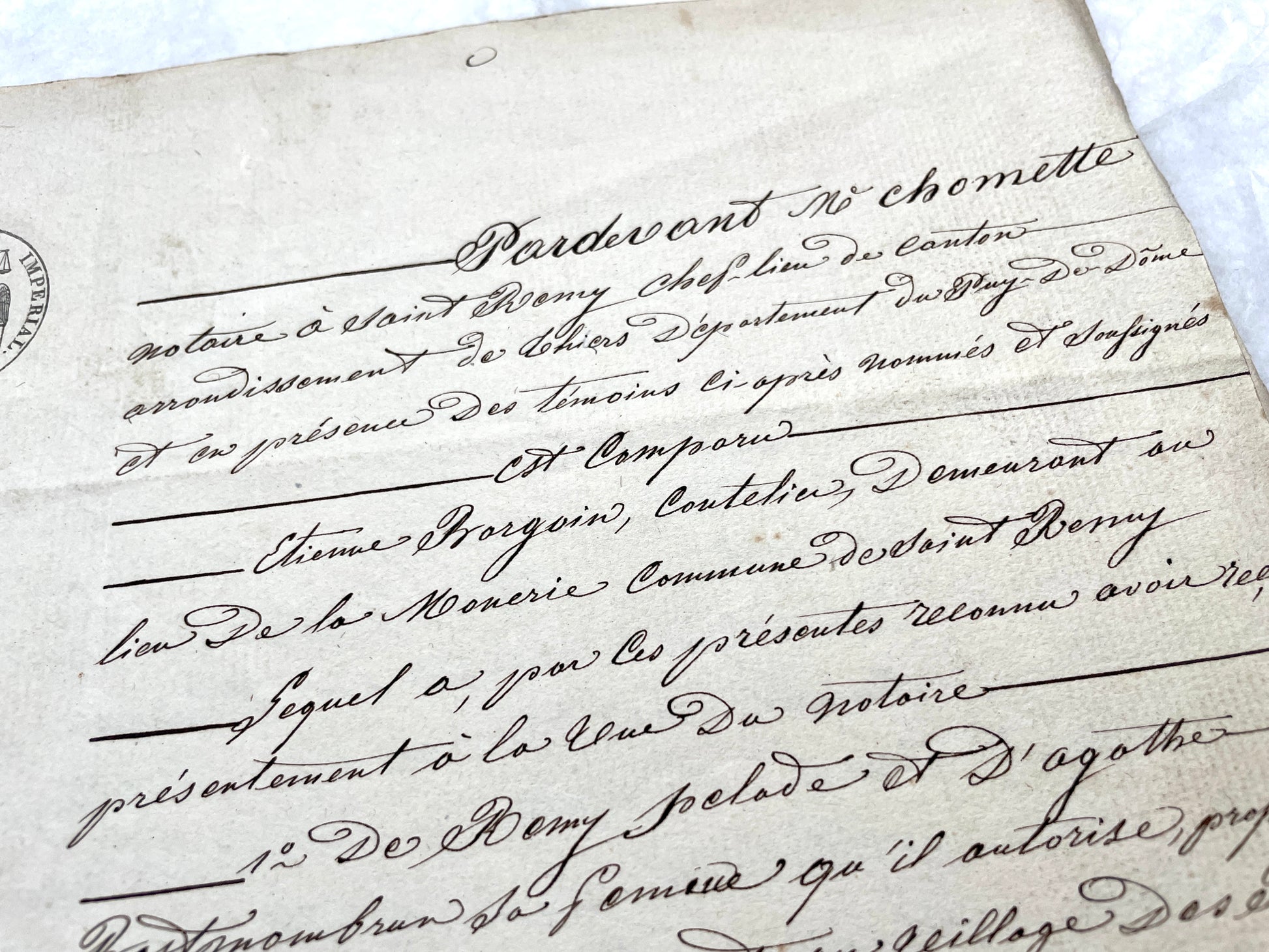 Mid 19th Century French Notarial Act with handwritten script and 'Timbre Imperial' stamp.