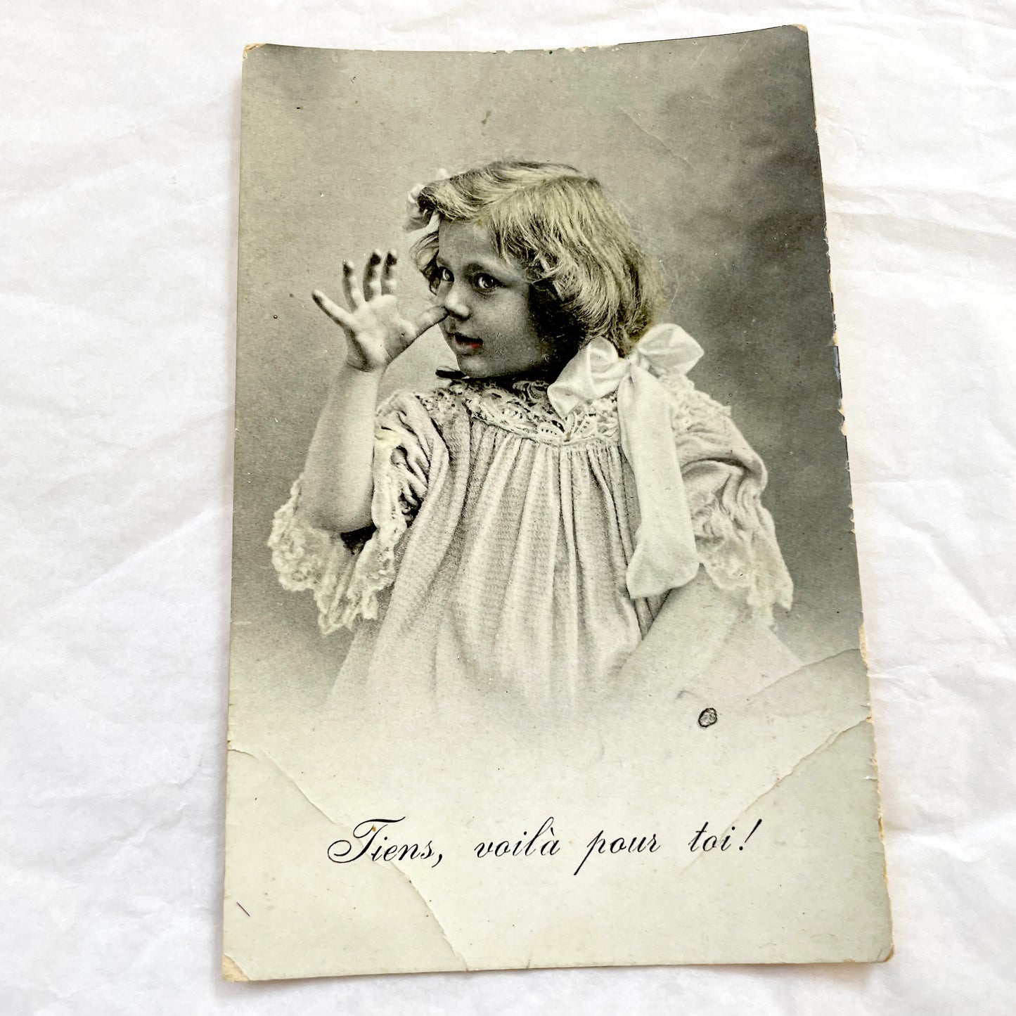 1900s - Antique French Postcard - Playful Child Portrait Photo - Vintage Ephemera Collectible - 'Tiens, Voila Pour Toi!'