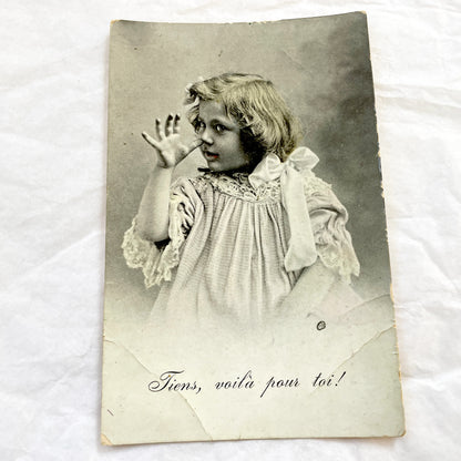 1900s - Antique French Postcard - Playful Child Portrait Photo - Vintage Ephemera Collectible - 'Tiens, Voila Pour Toi!'