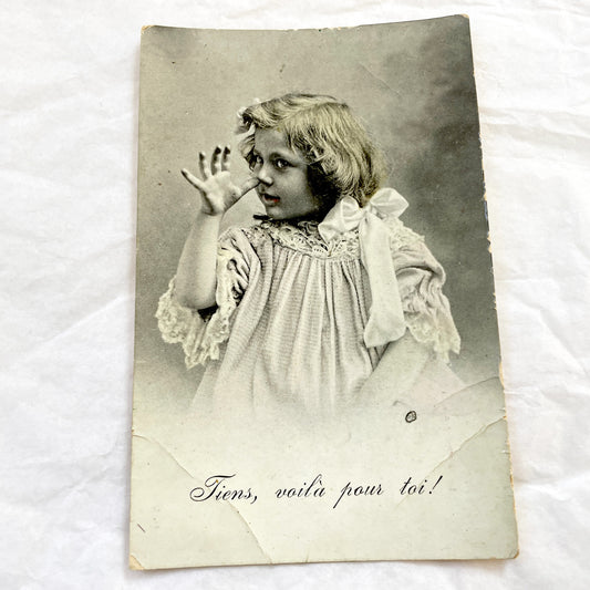 1900s - Antique French Postcard - Playful Child Portrait Photo - Vintage Ephemera Collectible - 'Tiens, Voila Pour Toi!'