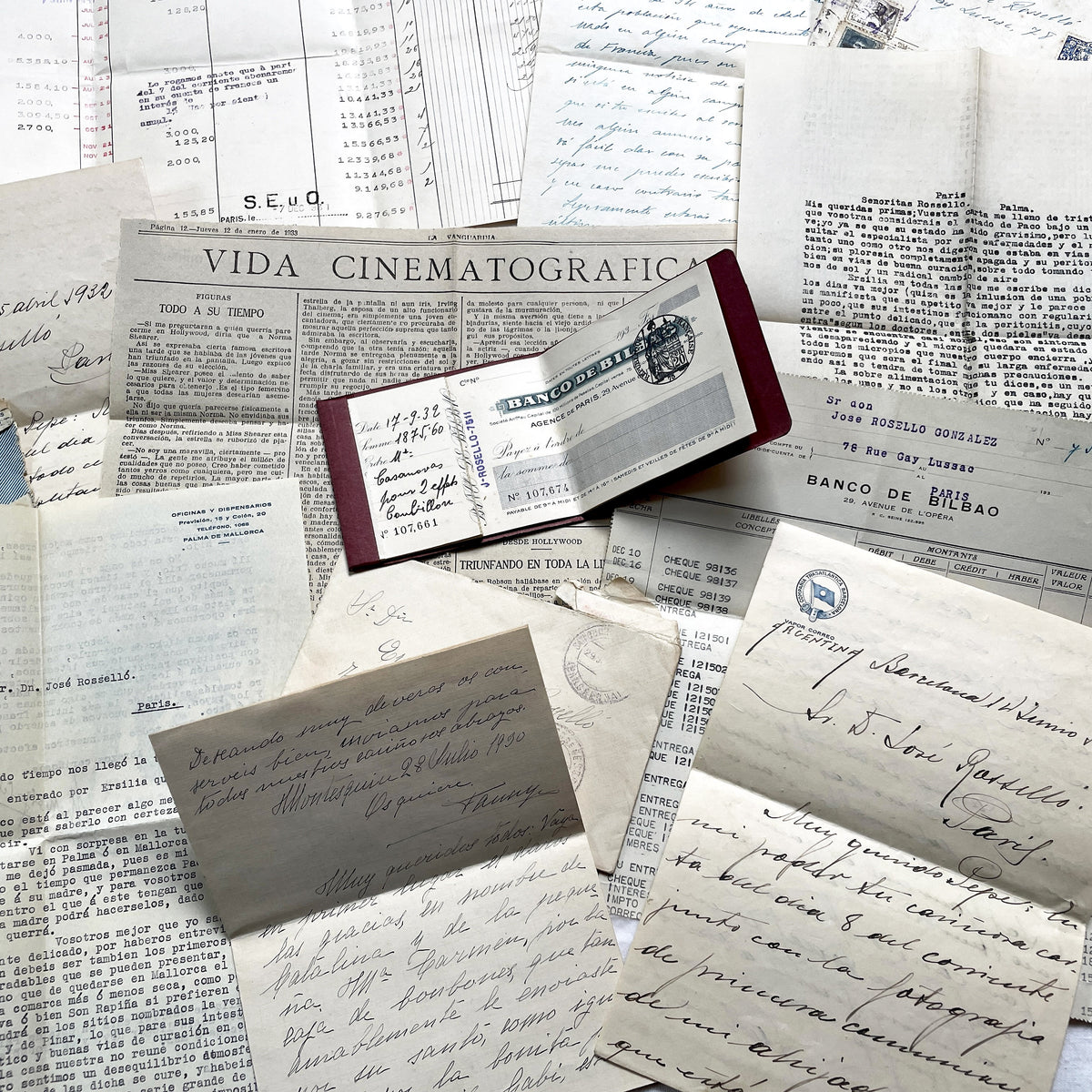 1930s - Vintage European Ephemera - Spanish and French Handwritten Letters, Bank Documents, Historical Cinema Newspaper Clippings