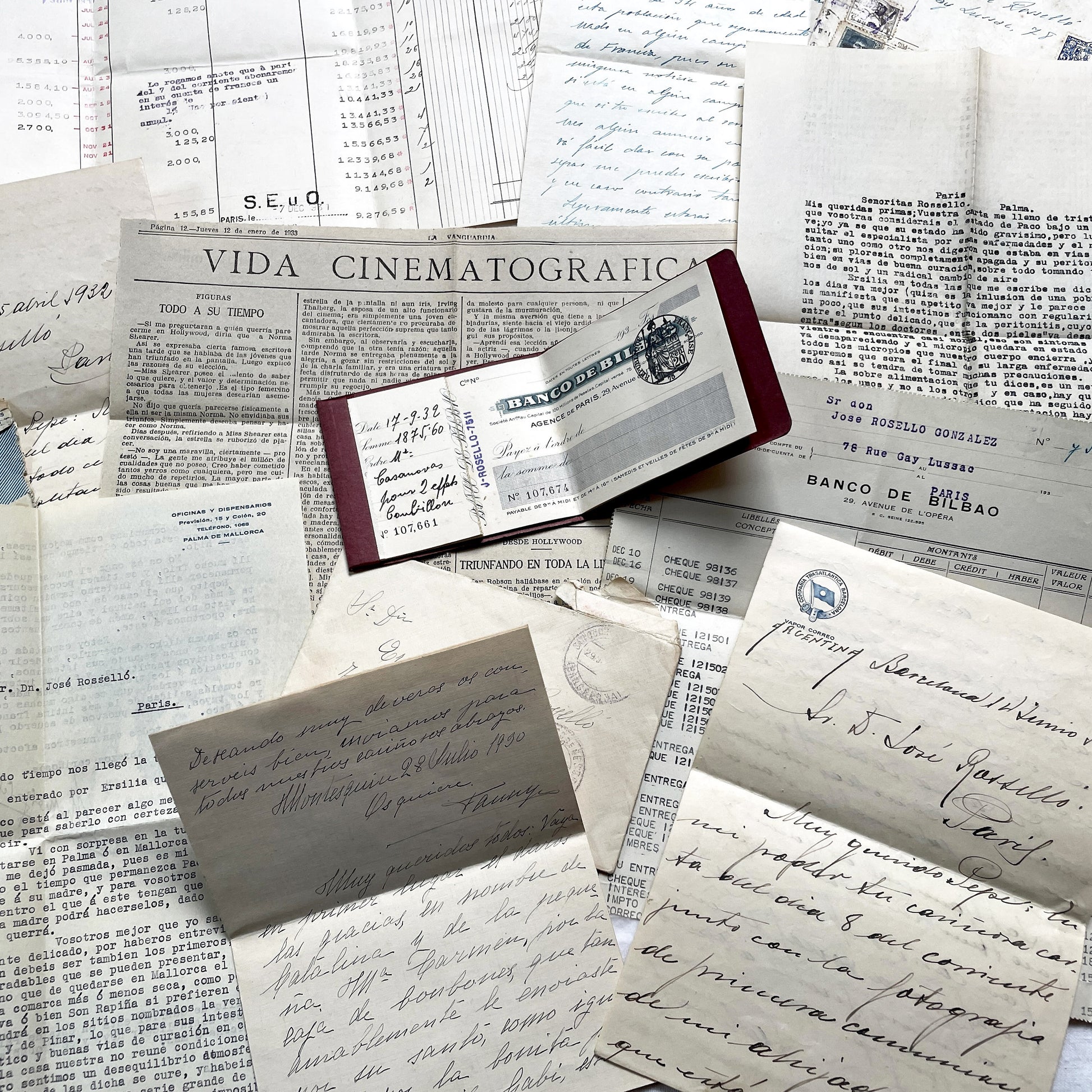 1930s - Vintage European Ephemera - Spanish and French Handwritten Letters, Bank Documents, Historical Cinema Newspaper Clippings