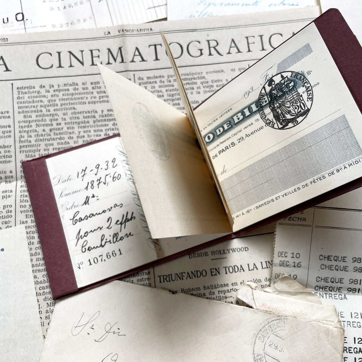 1930s - Vintage European Ephemera - Spanish and French Handwritten Letters, Bank Documents, Historical Cinema Newspaper Clippings
